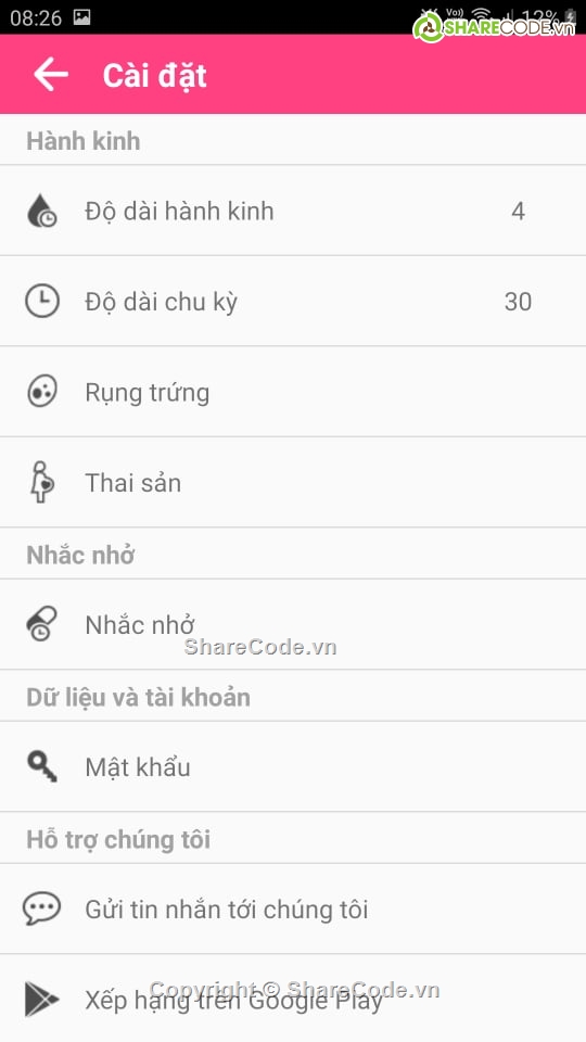 Ứng dụng  Android,Ứng dụng note,chu kì kinh nguyệt,mang thai,Ứng dụng,Chu kỳ